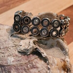 Brighton Silver Tone Crystal Alternating Circle Link Bracelet Fold Over Clasp